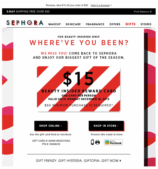 Sephora winback email marketing strategy