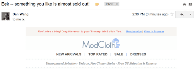 Abandoned cart email example