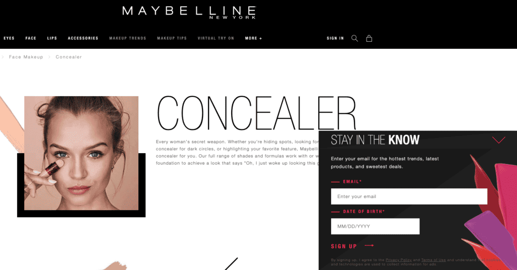 maybelline website popups