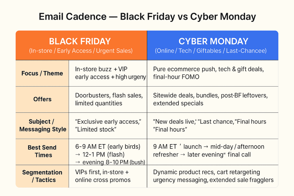 Comparison table: Black Friday vs Cyber Monday email cadence — timing, subject focus, offer type, and target audience.