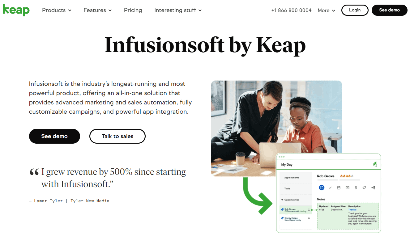 Keap website homepage for marketing automation software