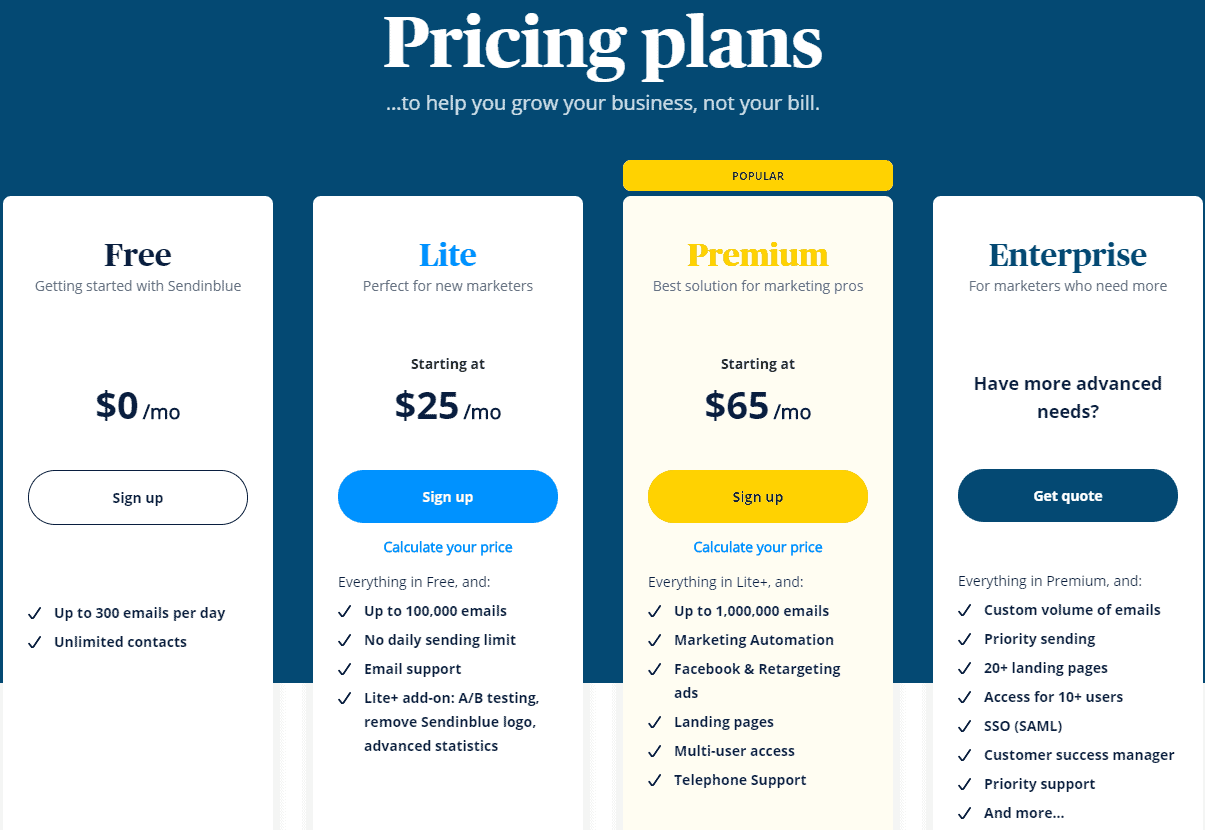 HubSpot alternatives -- Sendinblue Pricing