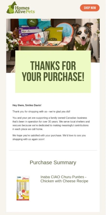 Post-purchase follow-up email example