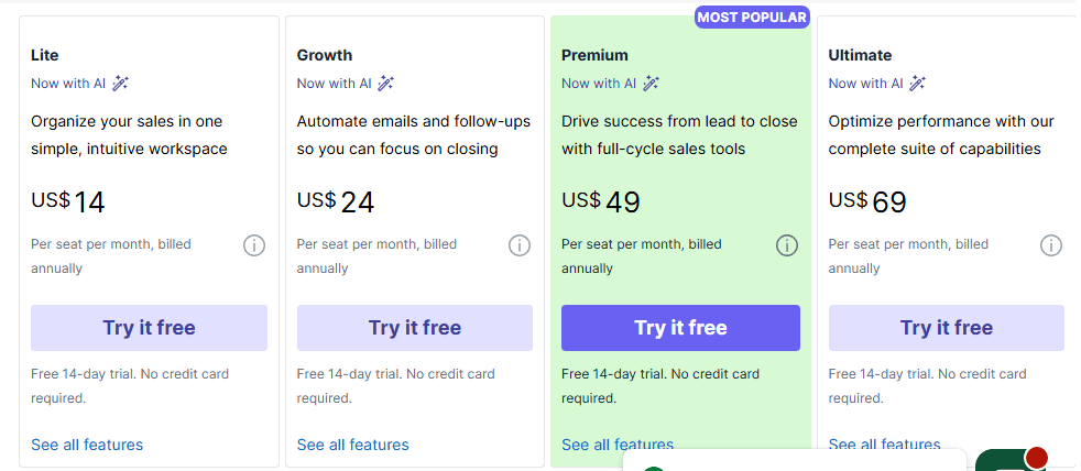 Pipedrive pricing page screenshot
