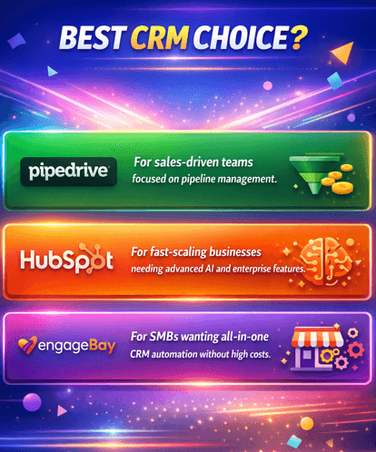 Colorful infographic comparing Pipedrive, HubSpot, and EngageBay in 2026, highlighting sales-focused CRM, enterprise AI platform, and all-in-one SMB automation solution.