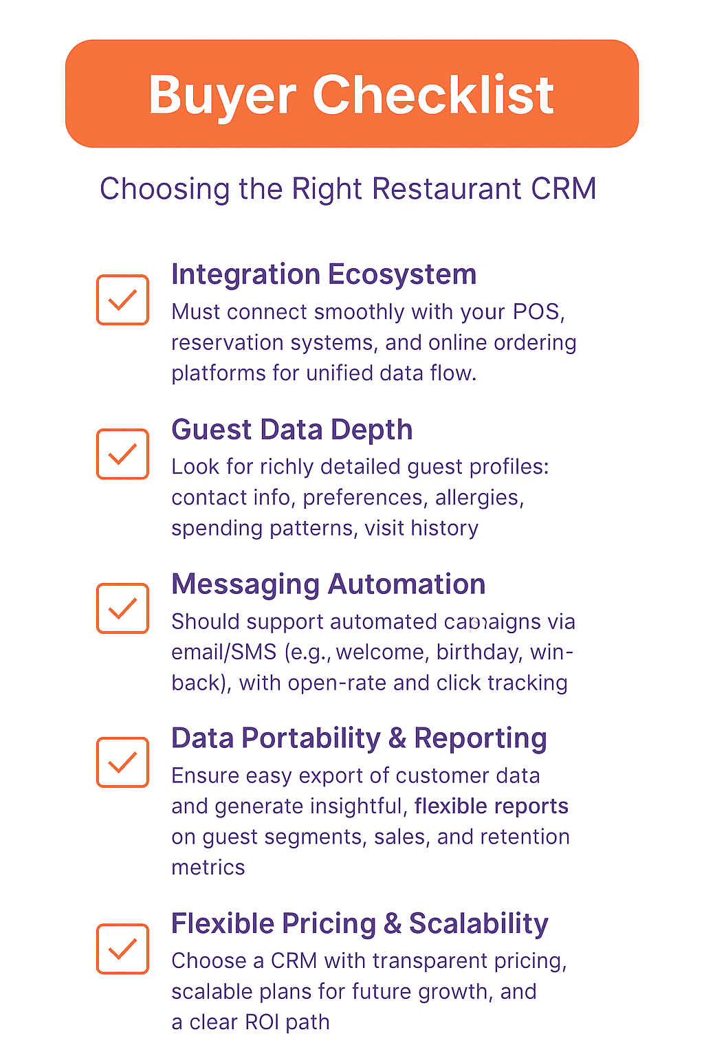 Checklist of evaluation criteria for restaurant CRM: integrations, guest data depth, messaging, data portability, pricing
