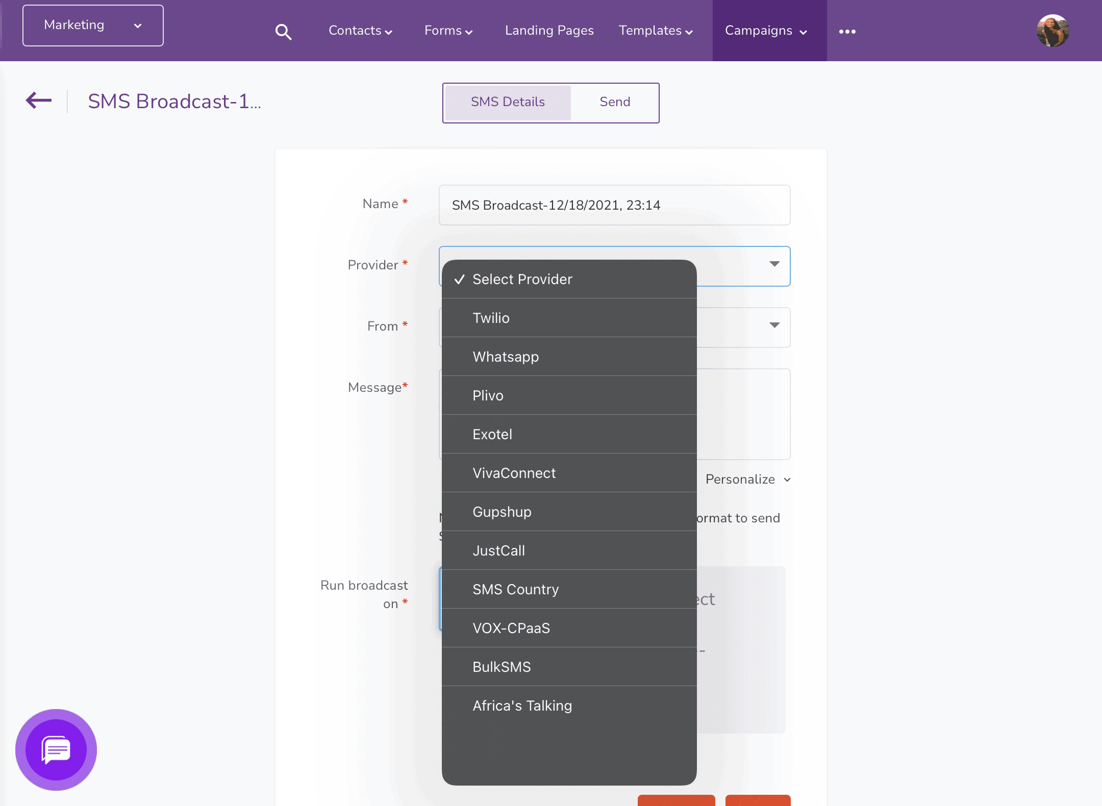 SMS marketing dashboard EngageBay