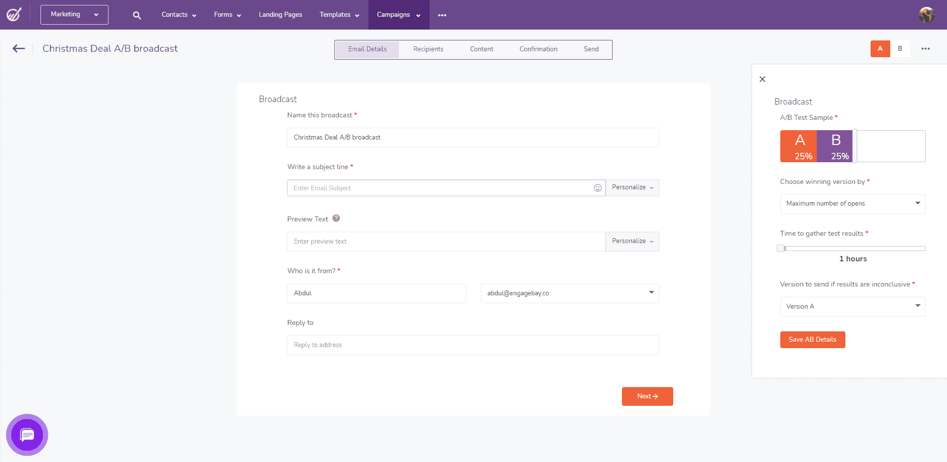 EngageBay email ab testing