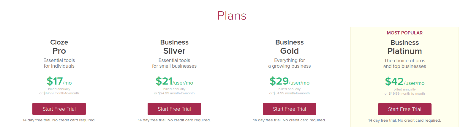 Cloze personal CRM pricing