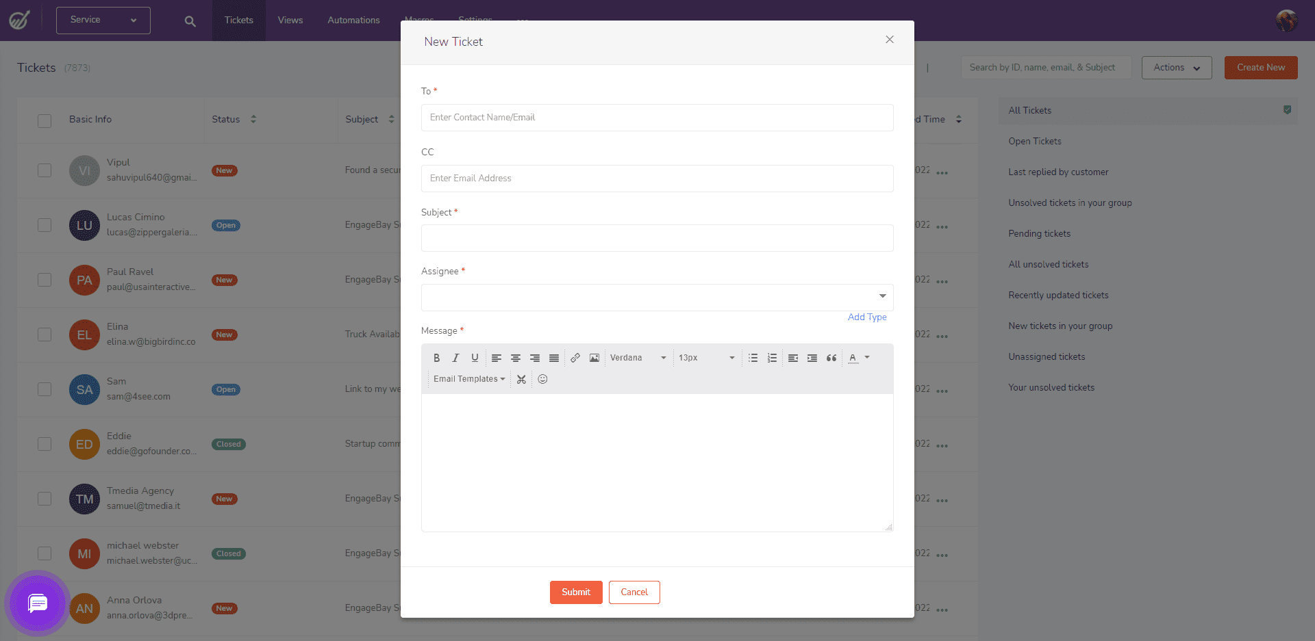 EngageBay ticketing system