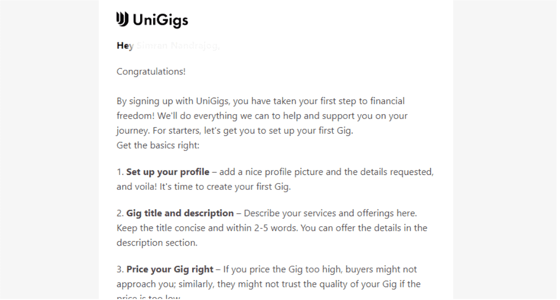 UniGigs email marketing example