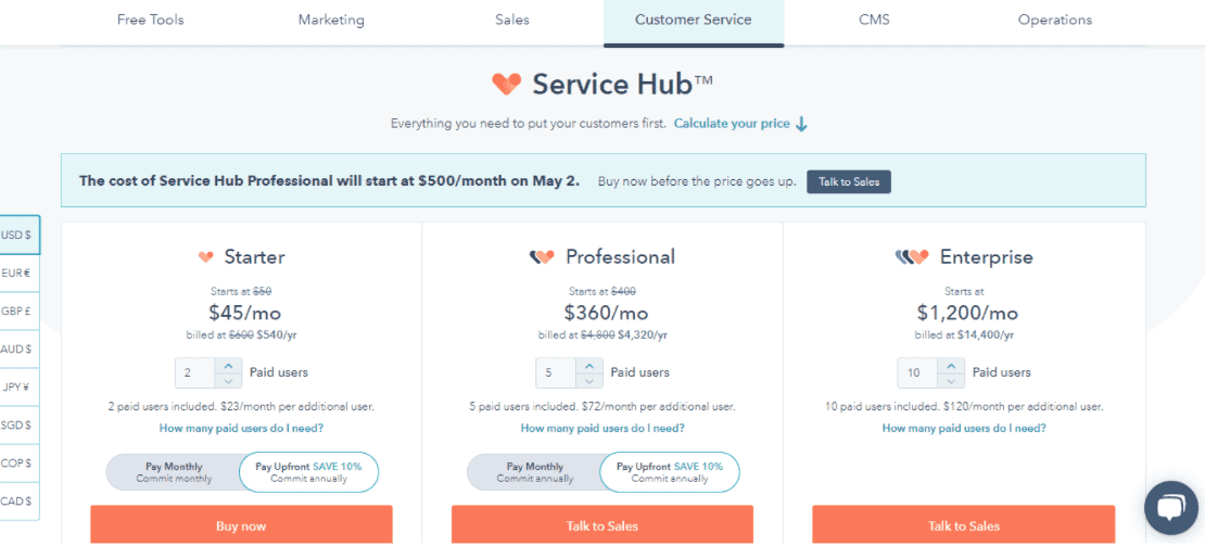hubspot pricing - service hub