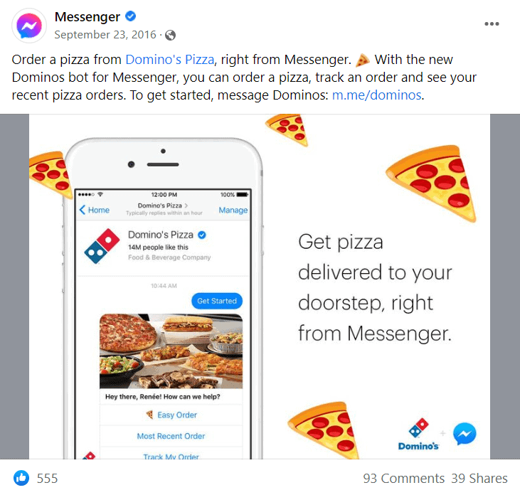 Domino's Pizza Facebook Messenger integration