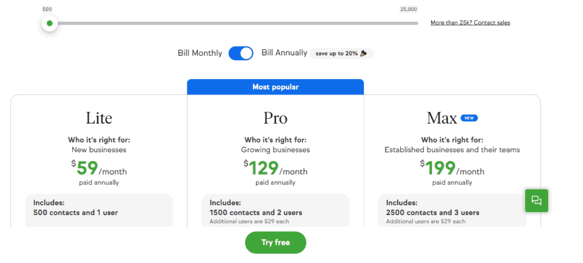 Cloud-based CRM software Keap pricing