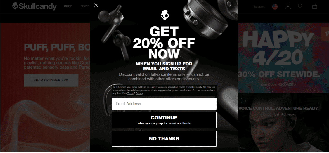 exit intent popup example - skullcandy