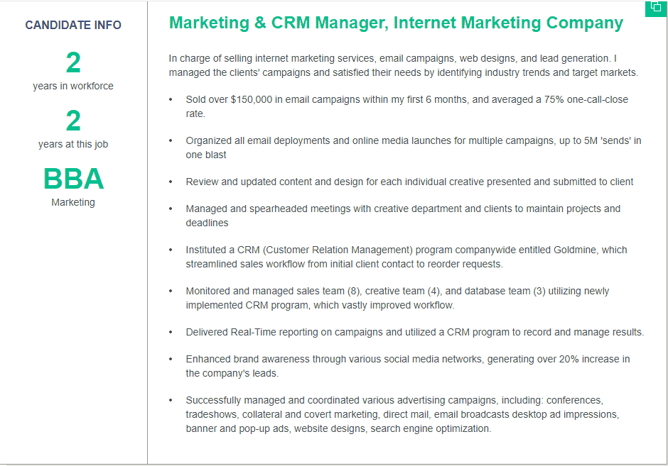 CRM experience in resume 