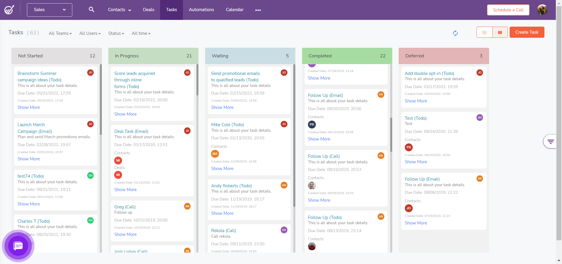 Task dashboard example in EngageBay