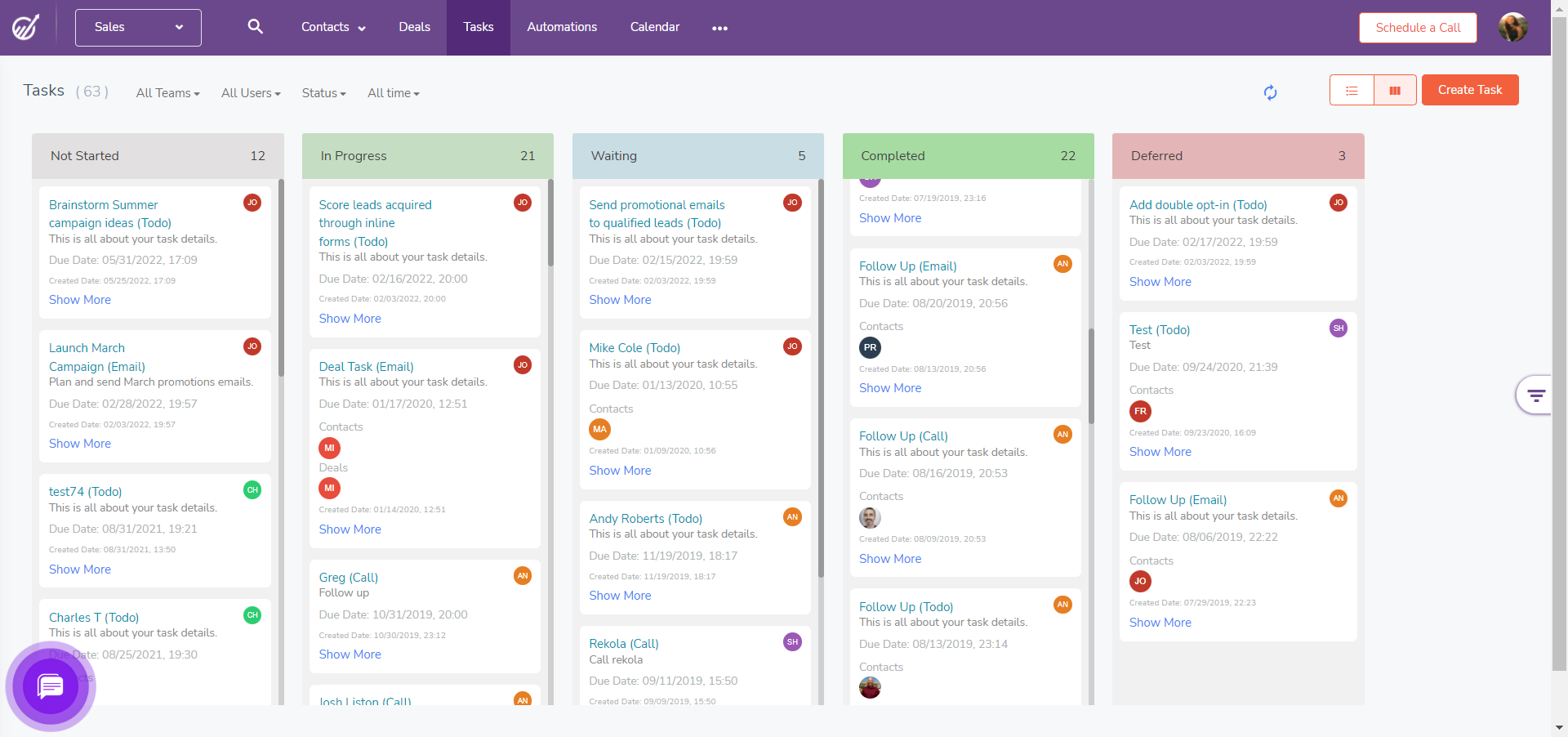 Task dashboard sample in EngageBay