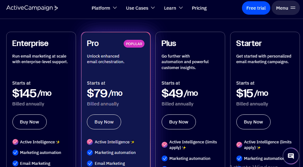 ActiveCampaign Pricing page screenshot 2026