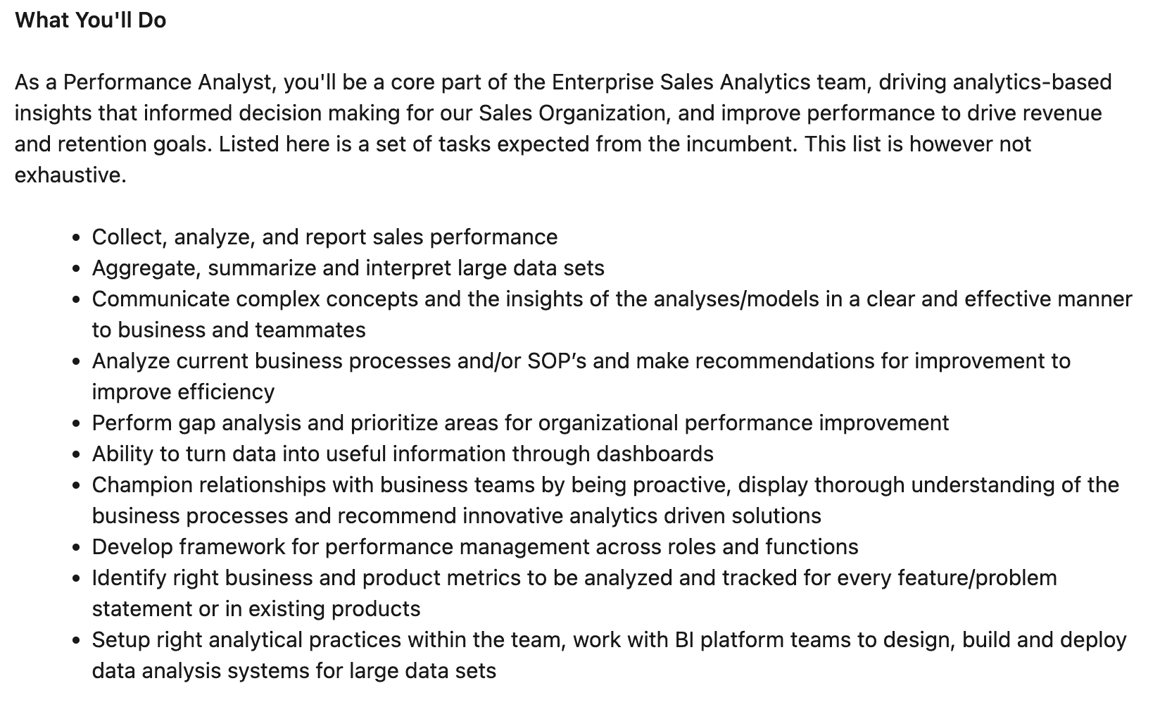 sales performance analyst job title