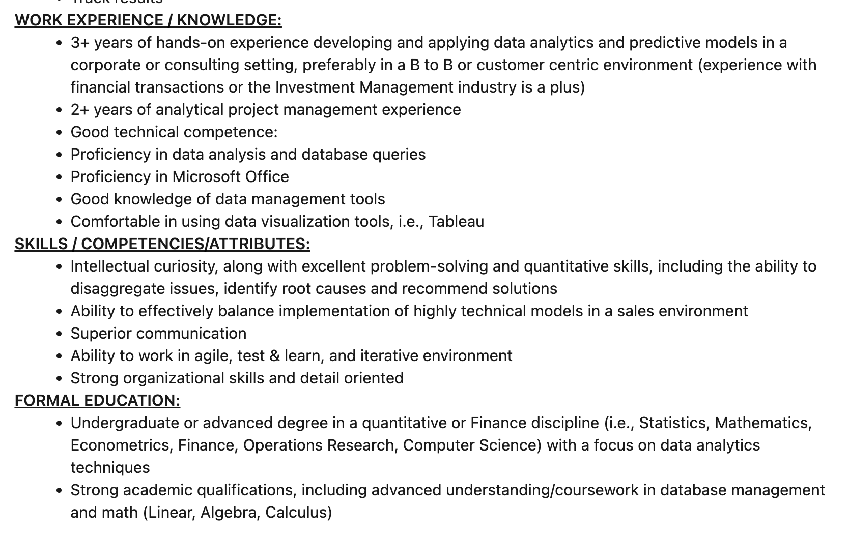 detailed job description for sales analysis