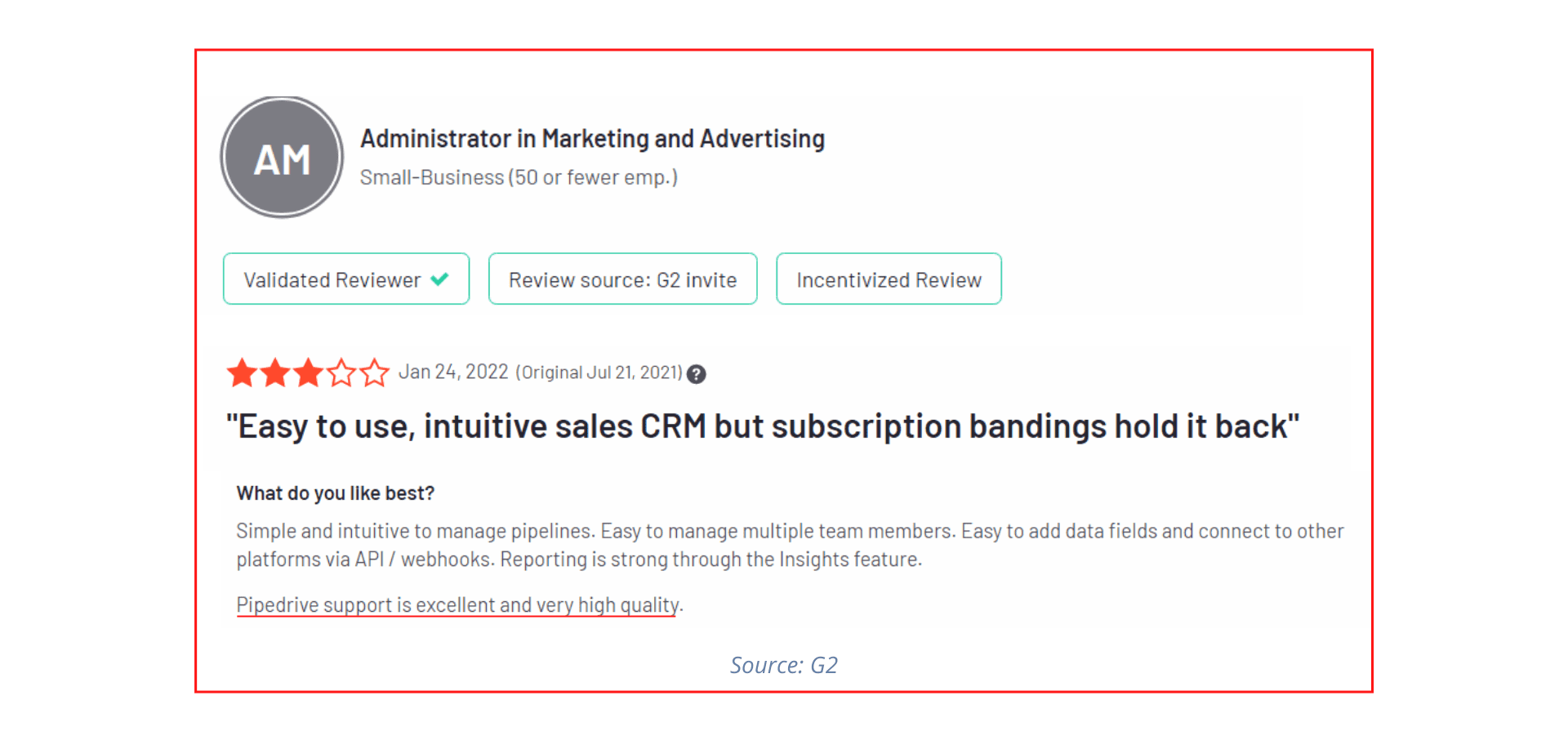 Pipedrive user review on G2
