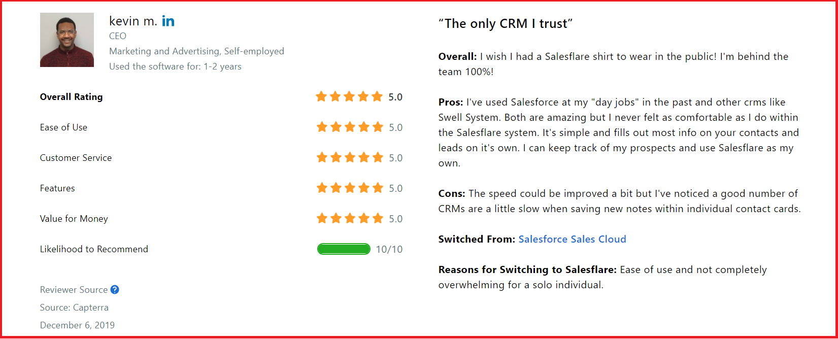Salesflare user review on Capterra