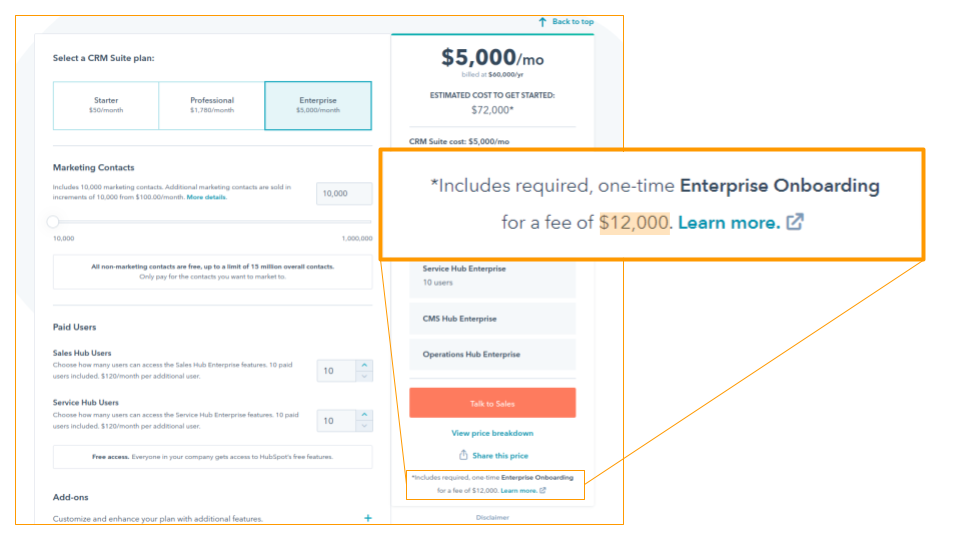 An example of HubSpot's expensive onboarding fee
