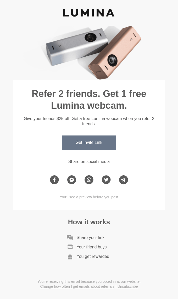 Automatic email example -- referral offer email from Lumina