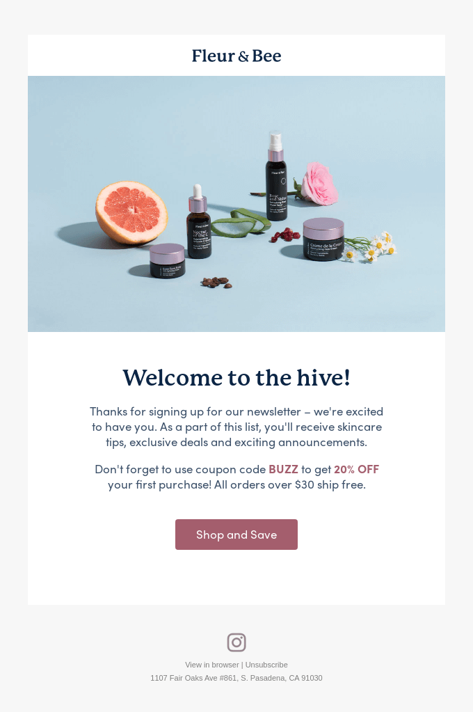 Automated welcome email example from Fleur & Bee