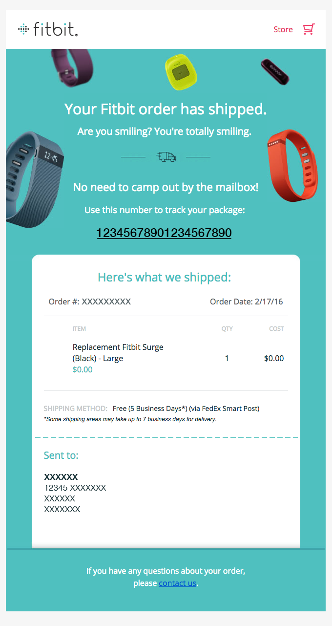 Automated Shipping confirmation email -- fitbit 