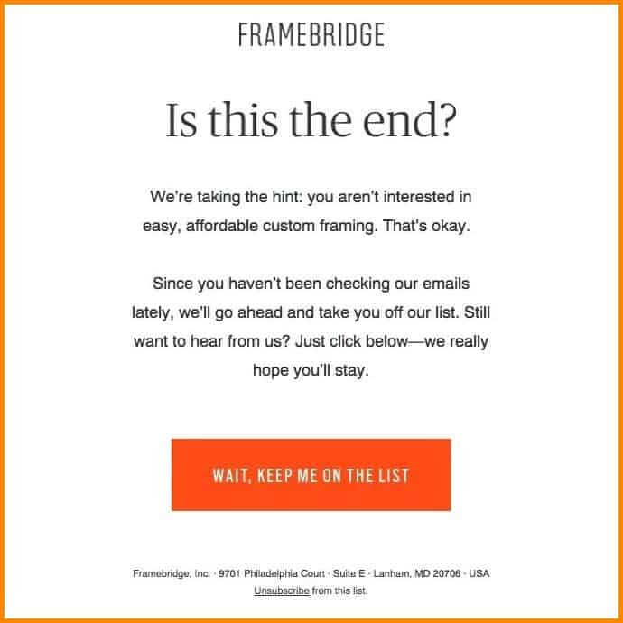 Re-engagement email example from Framebridge