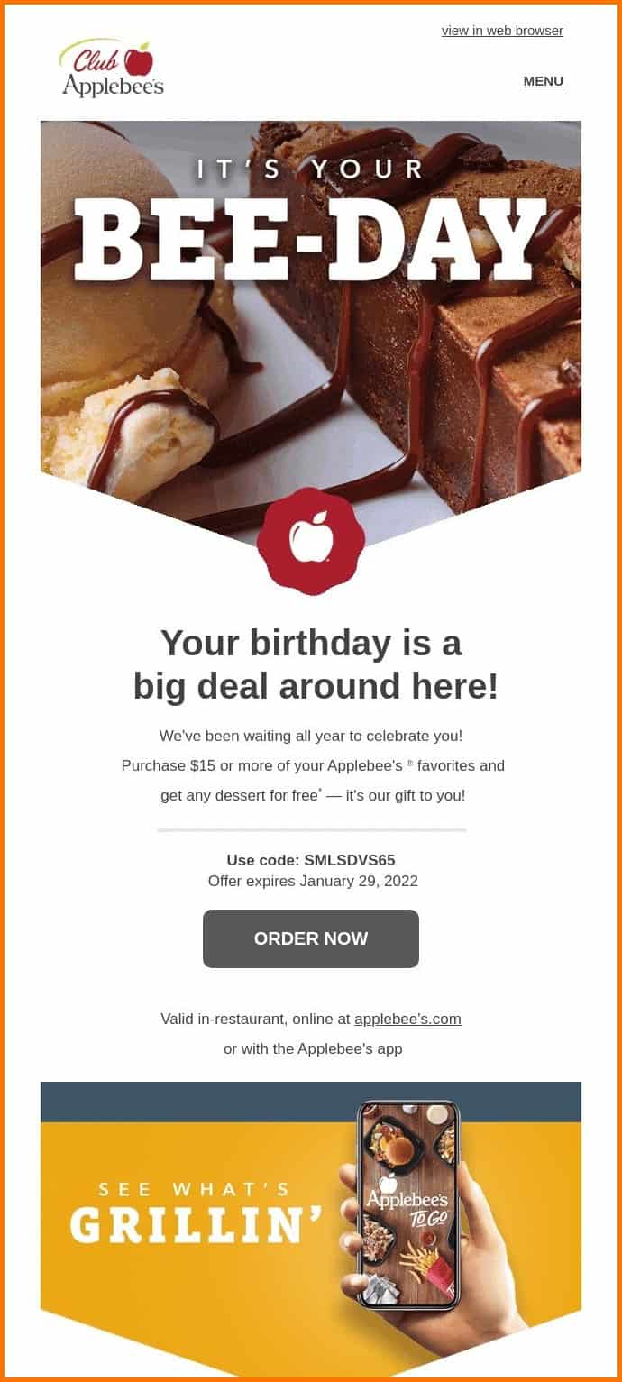 Applebee's automatic birthday email