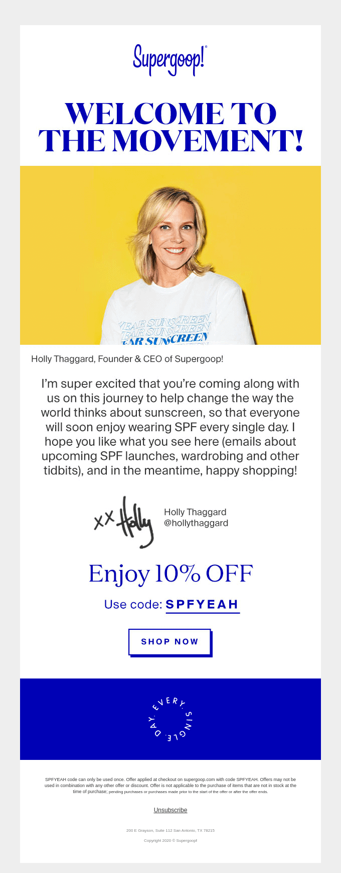 Automatic welcome email example from Supergoop