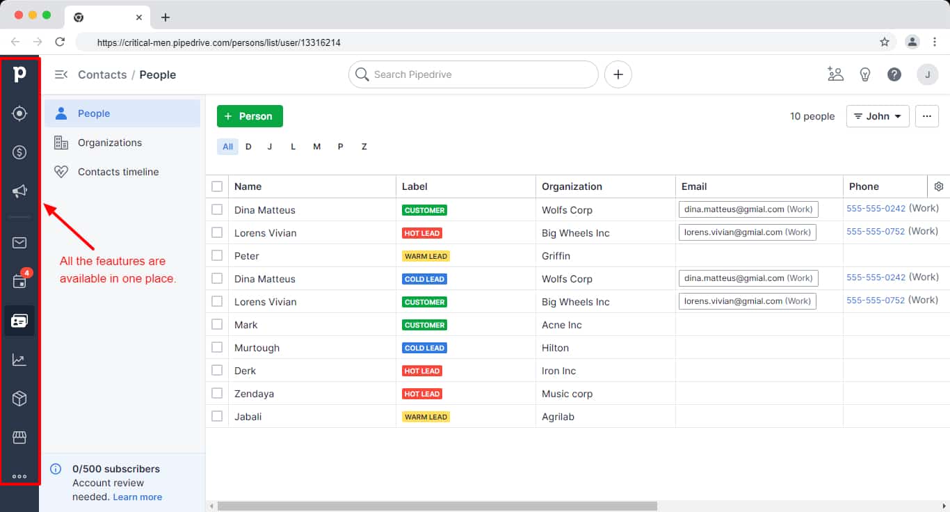 Pipedrive contact dashboard