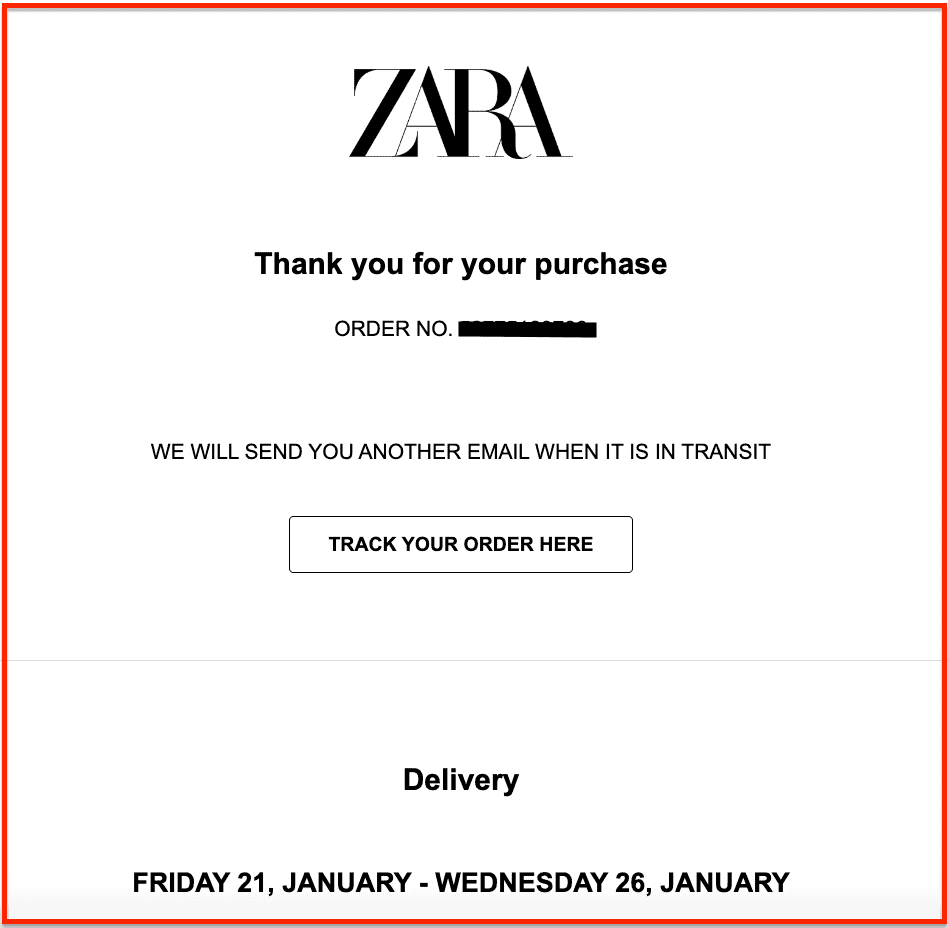 zara - thanks for your purchase email