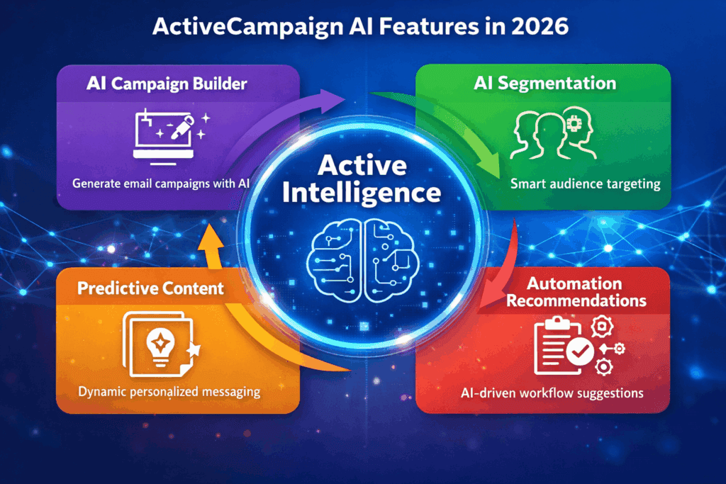 Infographic showing ActiveCampaign’s Active Intelligence AI features in 2026, including AI campaign builder, AI segmentation, predictive content, and automation recommendations.