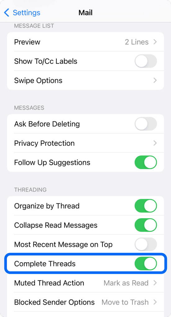 Email threads on Mail iOS