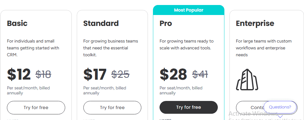 Monday CRM pricing page screenshot