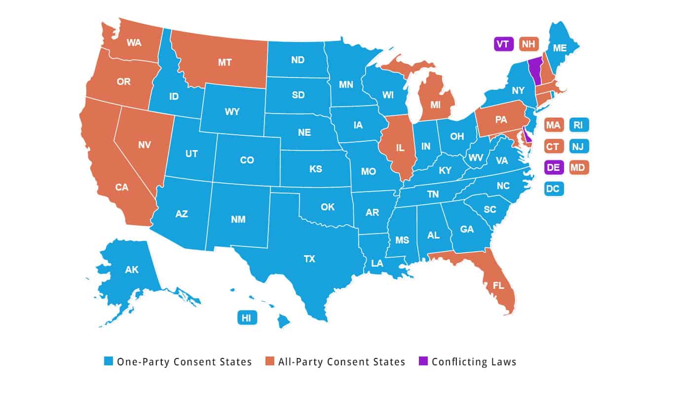 Map of the US for call recording laws by state
