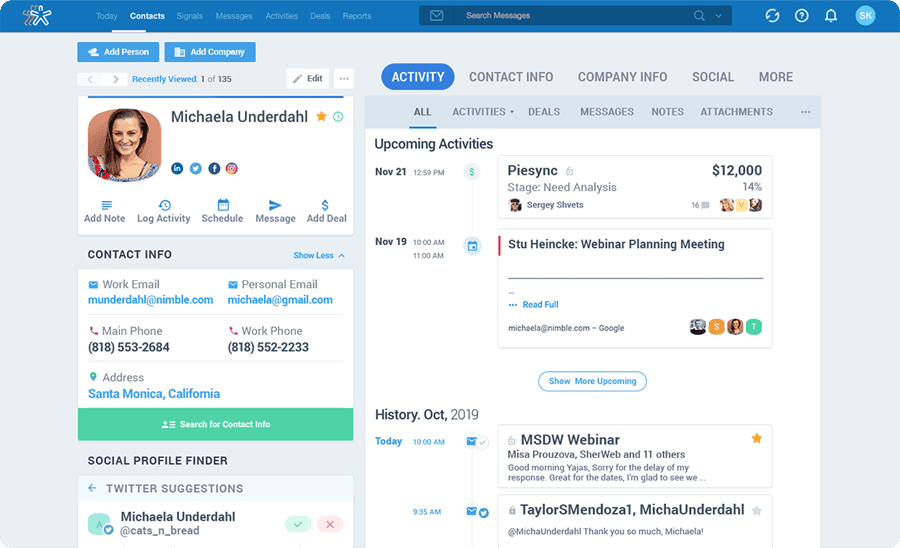 Nimble dashboard for contact management 