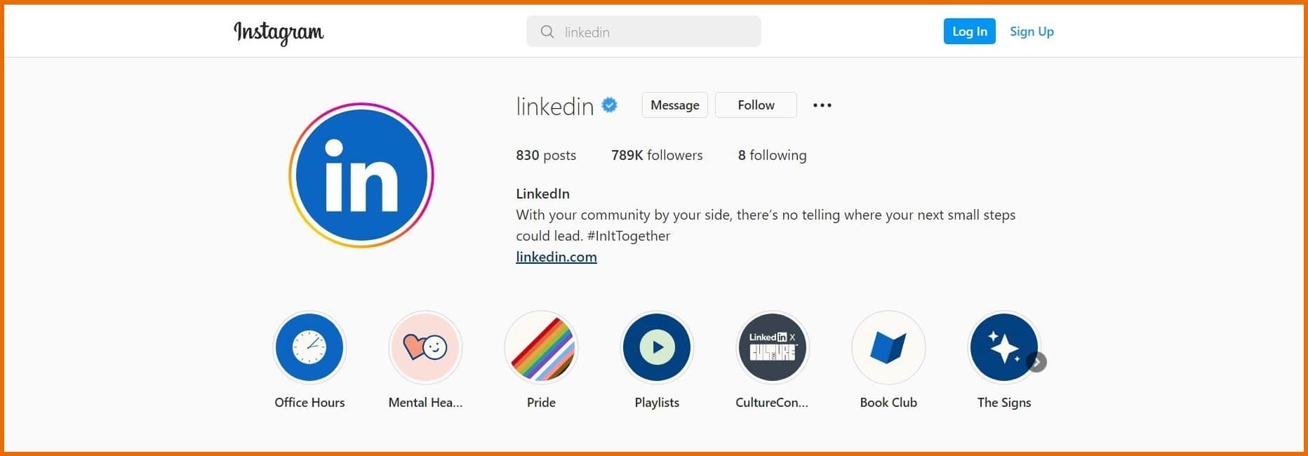 Business profile example on Instagram