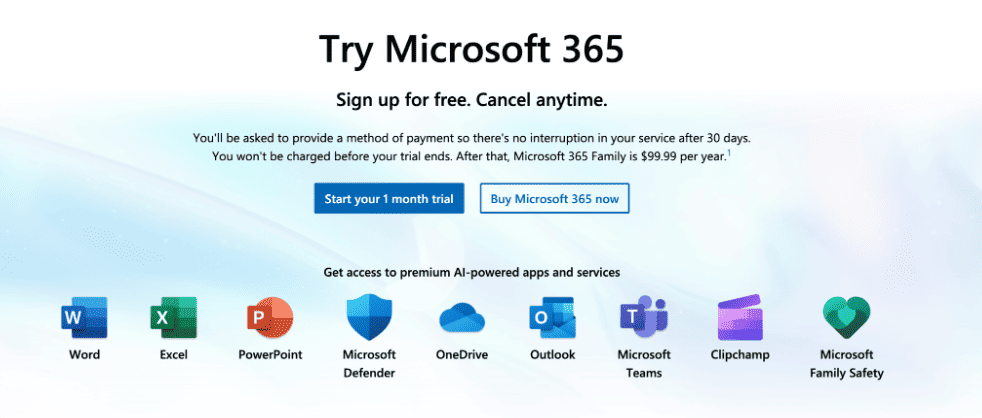 good example of Microsoft 365 offering a free trial