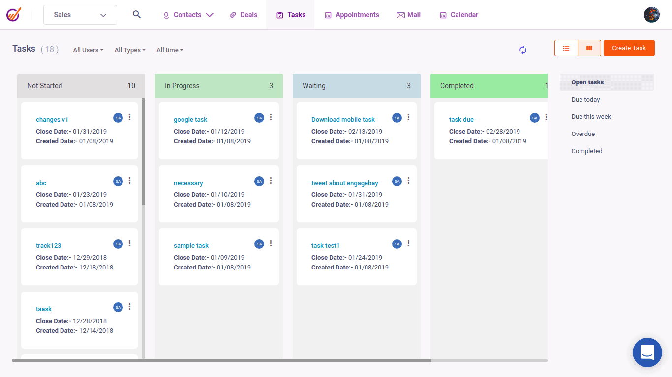 task management in EngageBay CRM