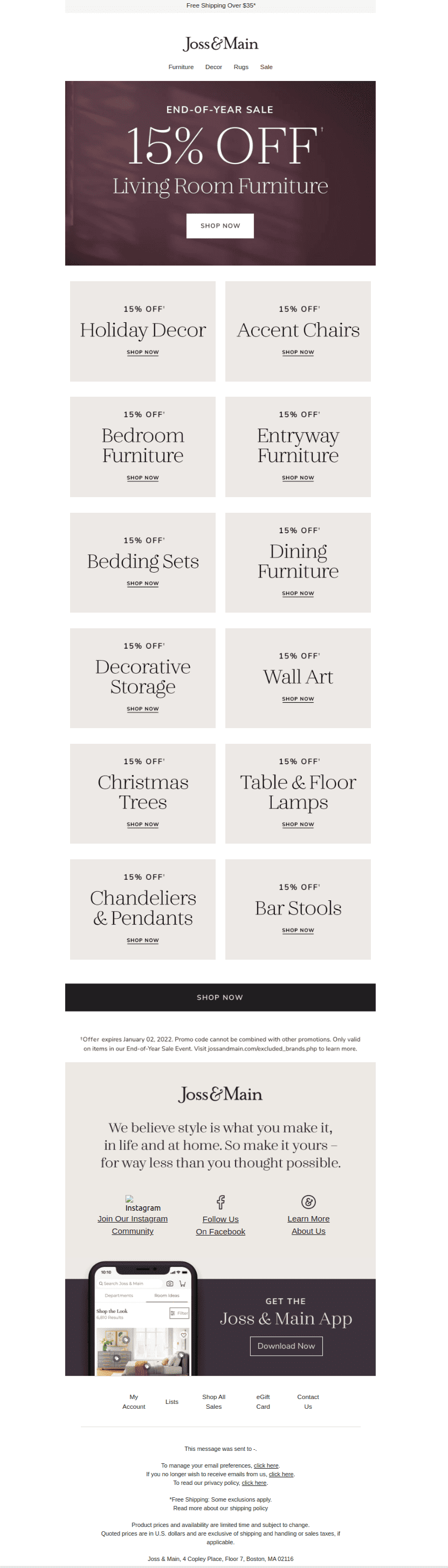 Joss&Main end of the year sale email