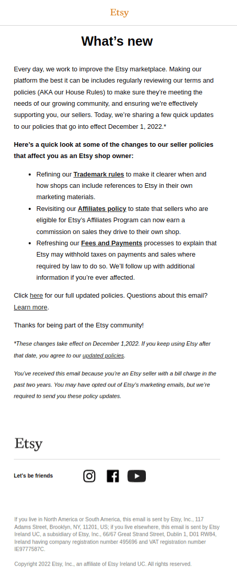 Etsy policy update email blast examples