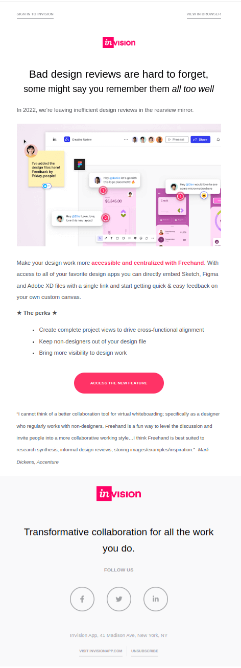 New feature announcement email blast example from Invision