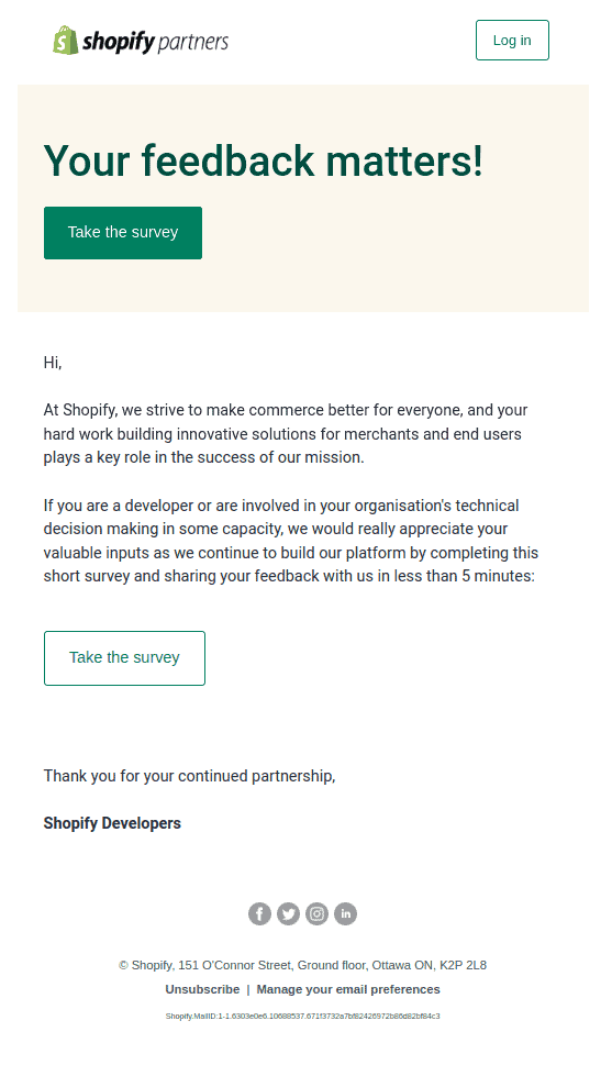 Shopiify partners customer feedback email