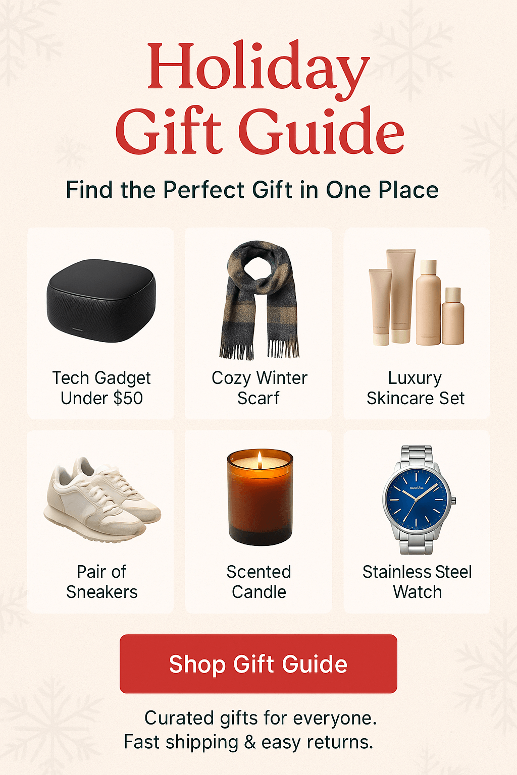 Holiday gift guide layout showing 6 products and Shop Now CTA for newsletter landing page.