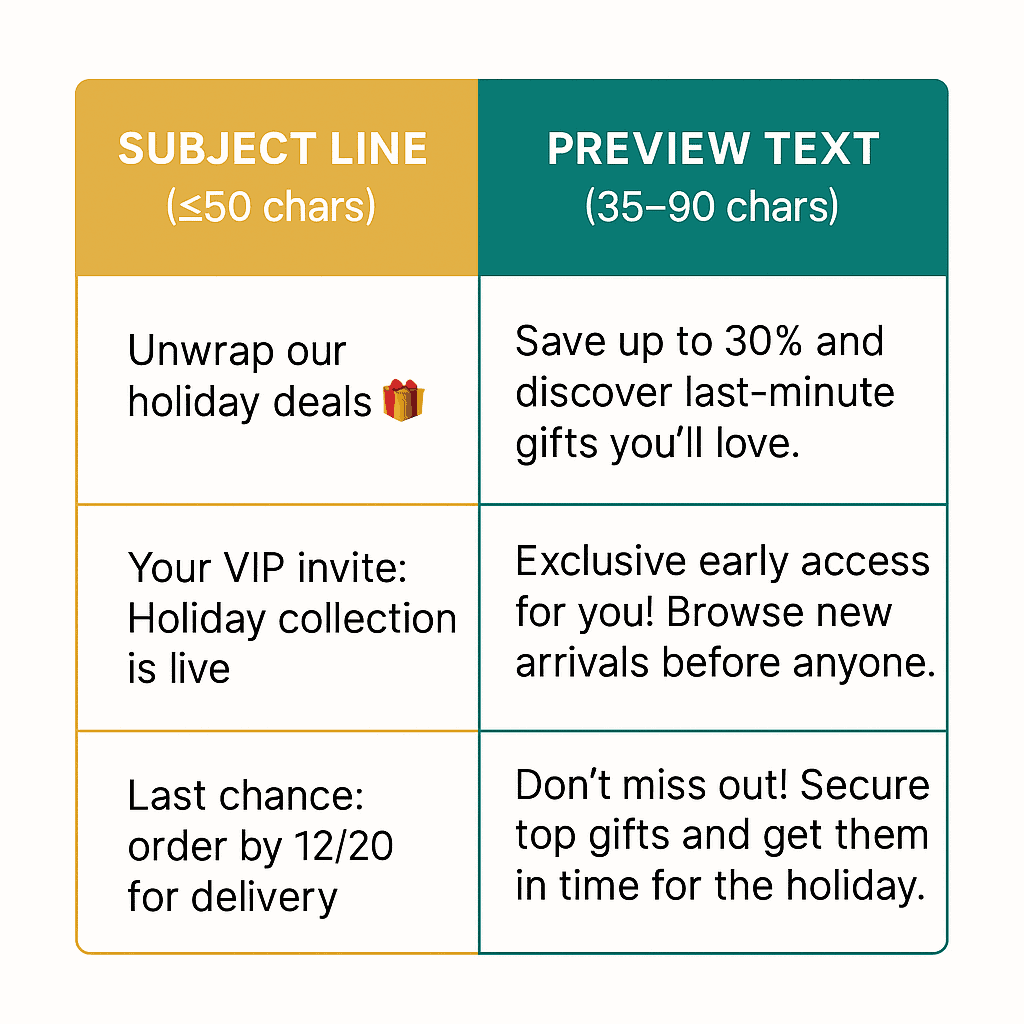 Subject line length ≤50 chars and preview text 35–90 chars cheat sheet for holiday newsletters.